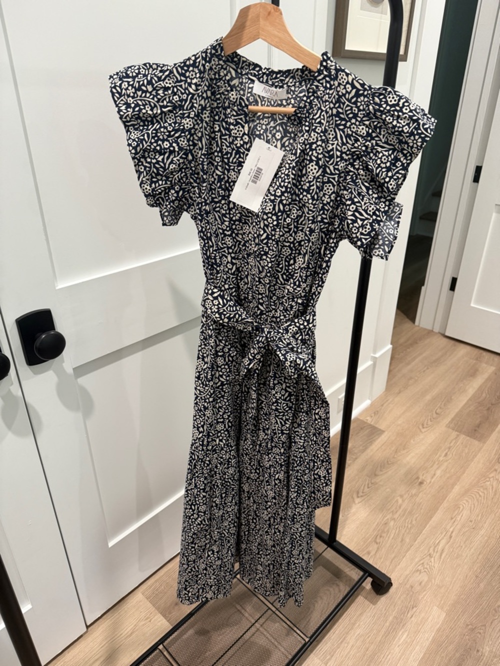 Brand NWT. Avara Angelina Tie-Waist Midi Dress in Navy and White